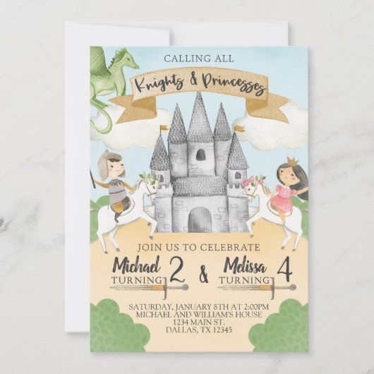 Knight and Princess Birthday Invitation Sibling Kaart (Voorkant)