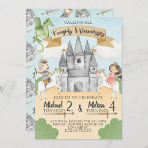 Knight and Princess Birthday Invitation Sibling Kaart