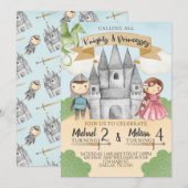 Knight and Princess Birthday Invitation Sibling Kaart (Voorkant / Achterkant)