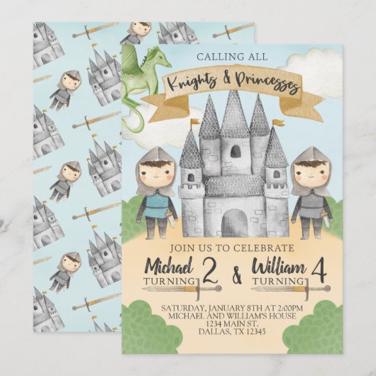 Knight and Princess Birthday Party Invitation Boy Kaart (Voorkant / Achterkant)