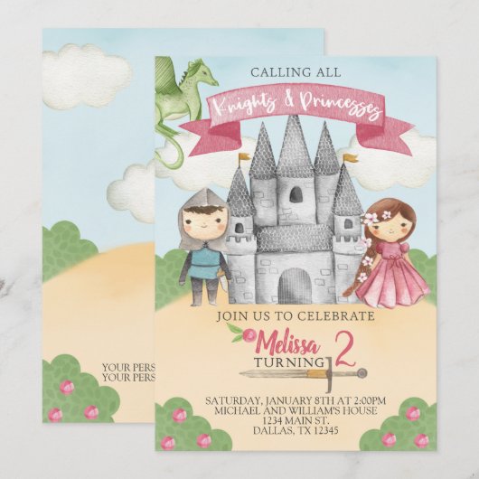 Knight and Princess Birthday Party Invitation Girl Kaart (Voorkant / Achterkant)