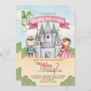 Knight and Princess Birthday Party Invitation Girl Kaart
