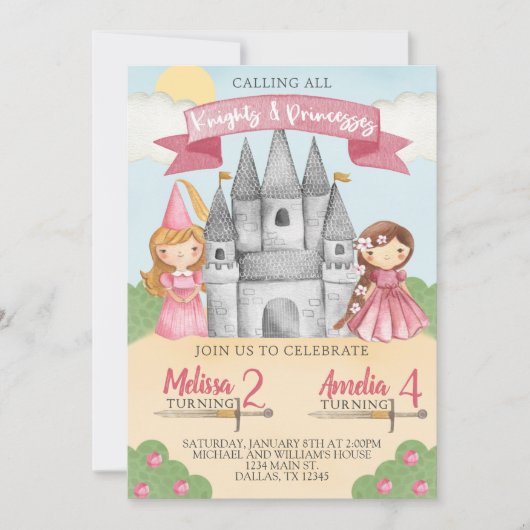 Knight and Princess Birthday Party Invitation Pink Kaart (Voorkant)