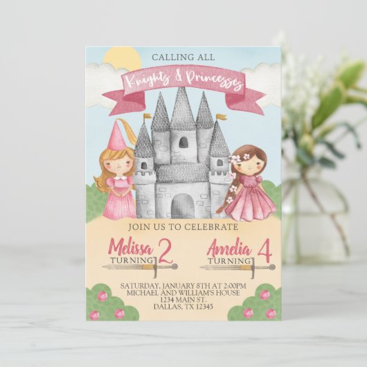 Knight and Princess Birthday Party Invitation Pink Kaart (Staand voorkant)