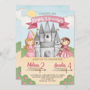 Knight and Princess Birthday Party Invitation Pink Kaart