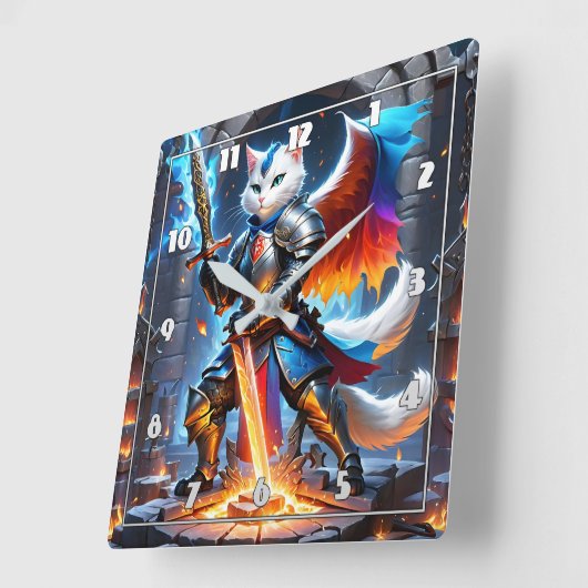 Knight Cat in Armour met Zwaard in Fantasy-setting Vierkante Klok (Hoek)