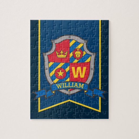 Knight crest gepersonaliseerd leeuw rood blauw gee legpuzzel (Verticaal)