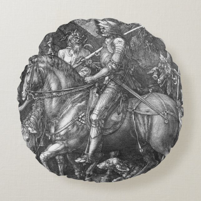 Knight, Death and the Devil, 1513 (graving) Rond Kussen (Voorkant)
