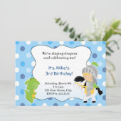 Knight Dragon Invitation Boy Birthday Party Blue Kaart (Staand voorkant)