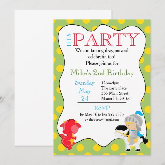 Knight Dragon Uitnodiging Kids Verjaardagsfeest (Voorkant / Achterkant)