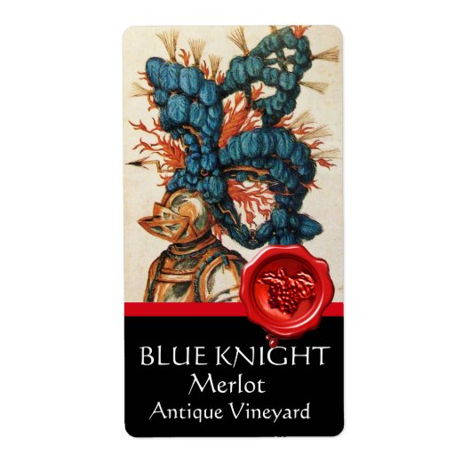 KNIGHT HELMET MET BLAUWE VEREN, RODE WAX SEAL Wine Etiket (Voorkant)
