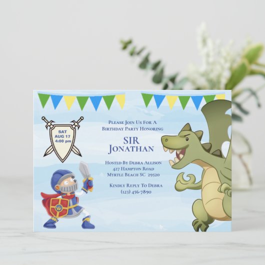 Knight in Armor Dragon Birthday party Kaart (Staand voorkant)