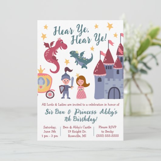 Knight & Princess, Dragon, Castle Birthday Party Kaart (Staand voorkant)