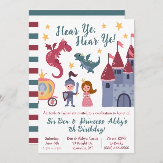 Knight & Princess, Dragon, Castle Birthday Party Kaart (Voorkant / Achterkant)