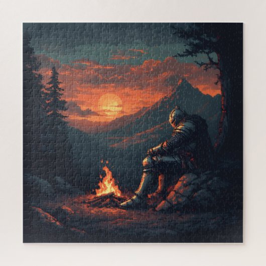 Knight’s Rest by the Fire – Fantasy Sunset Puzzle Legpuzzel (Verticaal)