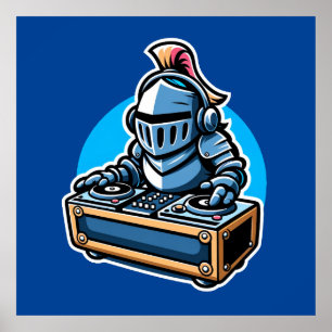 Knight Turntablist - Middeleeuwse DJ Cartoon Desig Poster