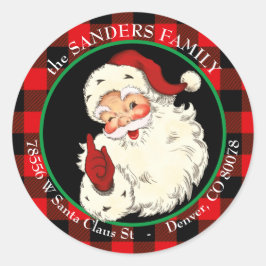 Knikkende Klassieke Kerstman Buffalo Plaid Frame Ronde Sticker