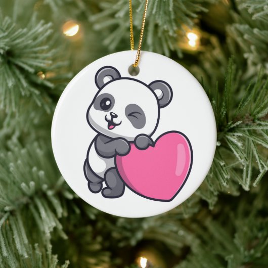 Knikkende Panda Met Roze Hart Keramisch Ornament (Boom)