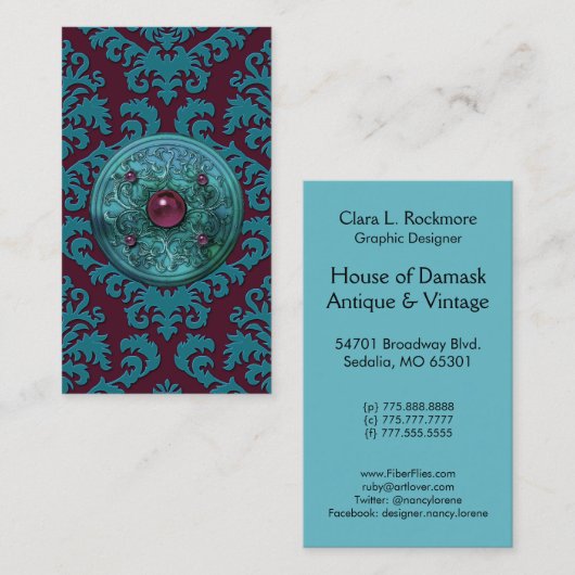 Knip Velvet, MEDALLION in BLAUWGROEN BLUE en BURGU Visitekaartje (Voorkant / Achterkant)