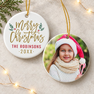 Knip Wit Goud Schrift Prettig Kerstmis Foto Keramisch Ornament