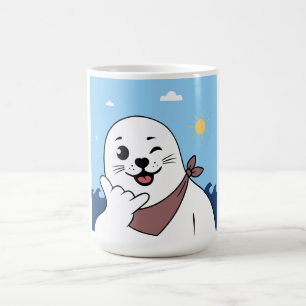 Knipogende zeehond met bandana die Shaka-gebaar ma Koffiemok
