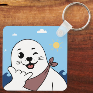Knipogende zeehond met bandana die Shaka-gebaar ma Sleutelhanger
