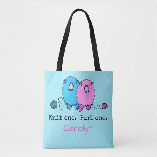 Knit één Purl. Fun fluffy schaap gepersonaliseerd Tote Bag (Voorkant)