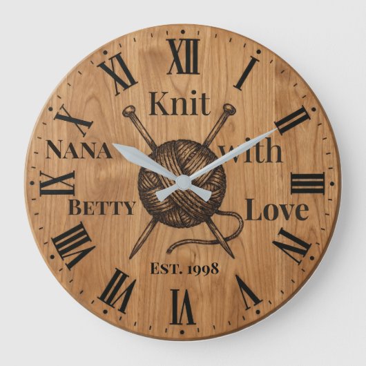 Knit with Love Wall Clock | Custom Name & Year  Grote Klok (Voorkant)