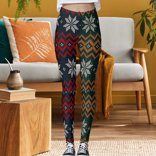 Knitted Christmas And New Year Flower Pattern Mom Leggings