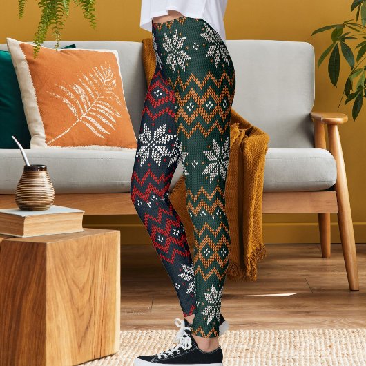 Knitted Christmas And New Year Flower Pattern Mom Leggings