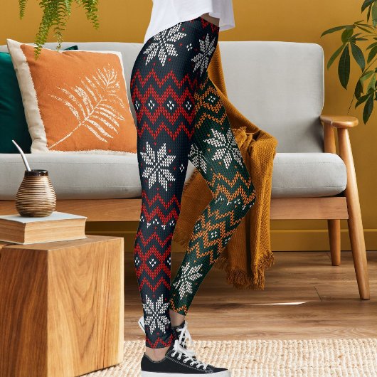 Knitted Christmas And New Year Flower Pattern Mom Leggings