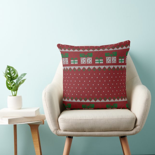 Knitted Christmas Pillow with Gifts & Snowflakes Kussen (Stoel)