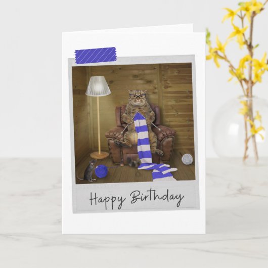 Knitting Cat Funny Birthday Card Kaart (Gele Bloem)