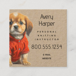 Knitting Instructor Puppy in Sweater Business Card Vierkante Visitekaartje