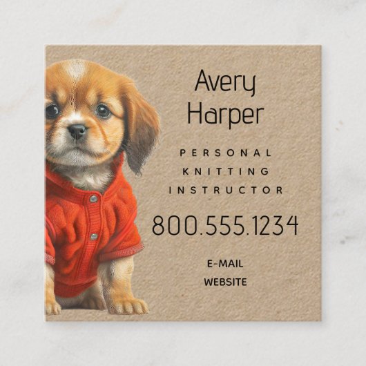 Knitting Instructor Puppy in Sweater Business Card Vierkante Visitekaartje (Voorkant)