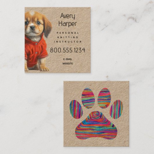 Knitting Instructor Puppy in Sweater Business Card Vierkante Visitekaartje (Voorkant / Achterkant)