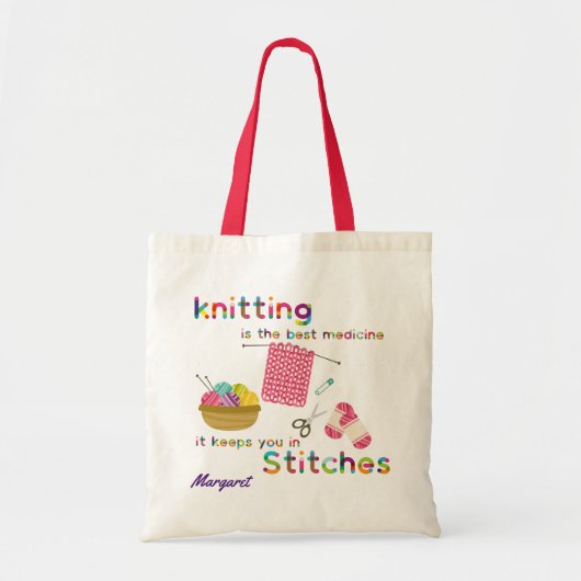 Knitting is the Best Medicine Rainbow Quote Pink Tote Bag (Voorkant)