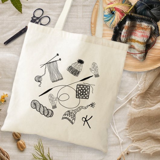 Knitting Project Hand Drawn Pattern Tote Bag