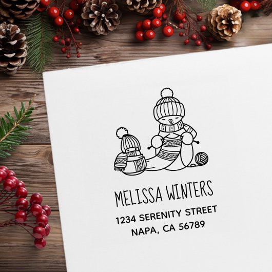 Knitting Snowman in Knitted Hat and Scarf Address Rubberstempel