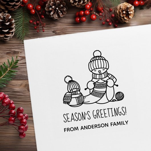 Knitting Snowman Seasons Greetings Rubberstempel
