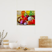 Knoflook, uien, tomatenwand voor decoratie. poster (Keuken)