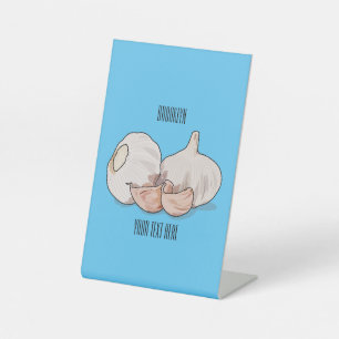 Knoflookillustratie cartoon reclamebord met voetstuk