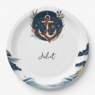 Knoopbootschip Navy Blue Nautisch Vrijgezellenfees Papieren Bordje