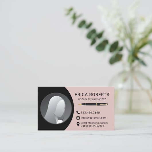 Knoopvormer zwart/roze foto visitekaartje (Staand voorkant)