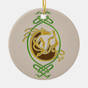 Knoopwerk voor Keltische paarden - Groen en goud Keramisch Ornament