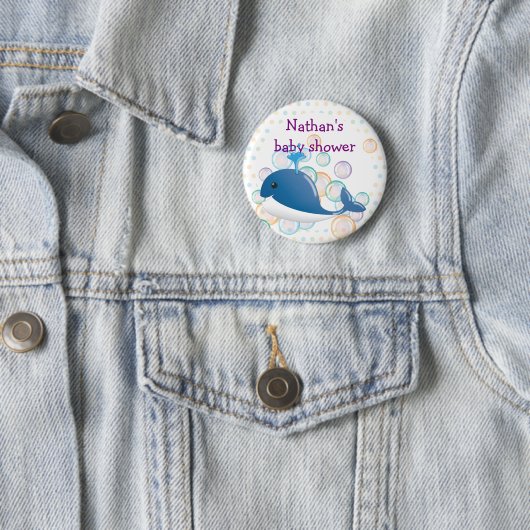 Knop Blauwe walvis, knop baby shower Ronde Button 5,7 Cm (In situ)