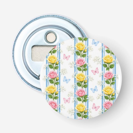 Knop Flesopener Blauw Roze Geel Roos Bloem Button Flesopener (Voorkant)
