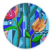 Knop home flower art blauw mozaïek roze (Voorkant)