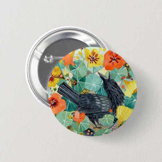 Knop Kraai en Nasturtium Ronde Button 5,7 Cm (Voorkant /achterkant)