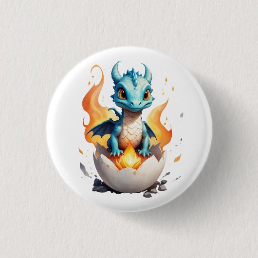 Knop met een schattige draak die uitkomt - fantasi ronde button 3,2 cm (Voorkant)